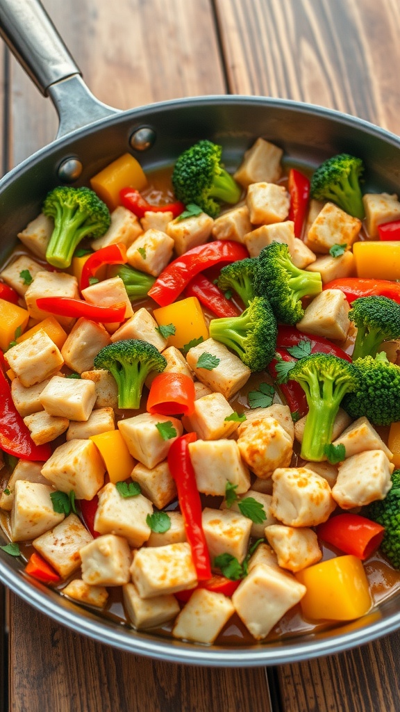 A colorful one-pan chicken dinner with bell peppers and broccoli, garnished with parsley, on a rustic table.